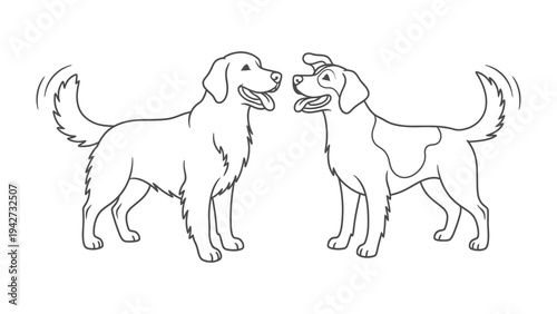 Friendly Paws: A line art illustration shows two dogs happily greeting each other, wagging tails in excitement and joy.
