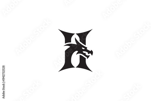 Dragon head integrated into stylized letter h logo design fierce and powerful symbol