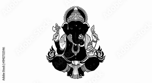 Black and white illustration of elephant-headed deity, seated, holding sacred items