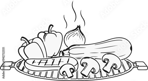 Black and white illustration of fresh vegetables grilling on a barbecue