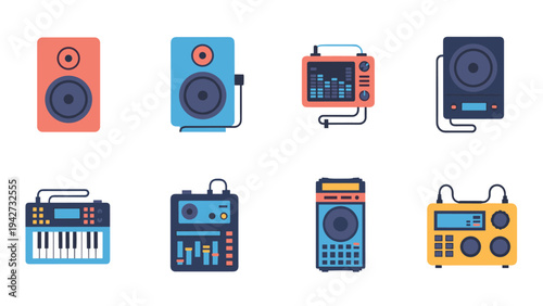 Retro audio icons: colorful flat designs of speakers and musical equipment