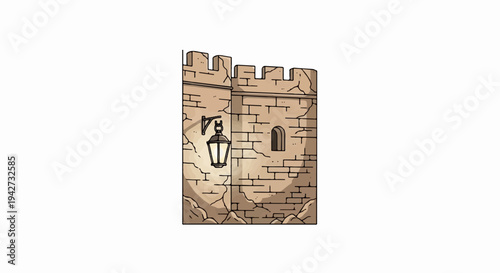 Ancient stone castle tower with illuminated lantern at dusk