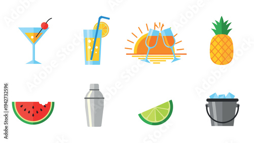 Tropical summer drinks and fruit icons in colorful flat style