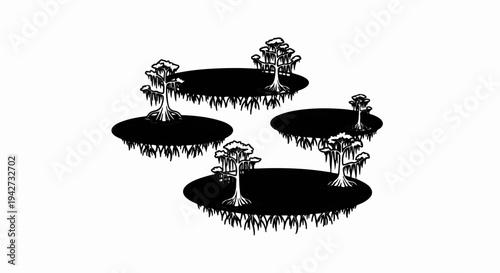 Black and white illustration of swamp islands with moss-draped trees