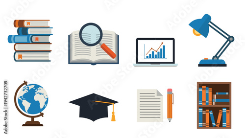 Educational icons set: books, technology, and learning tools in flat design