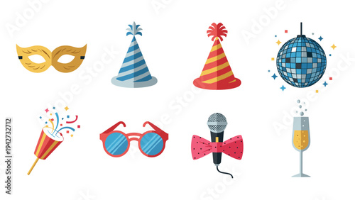 Colorful party elements collection with hats, masks, and disco ball