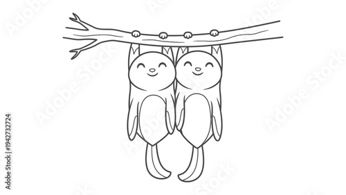 Adorable sloth Duo hanging on branch: Two charming sloths hanging from a branch, with serene smiles on their faces, bringing joy and a sense of calm.