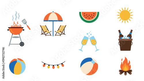 Summer party icons: bbq, beach, drinks, and fun elements in a flat design
