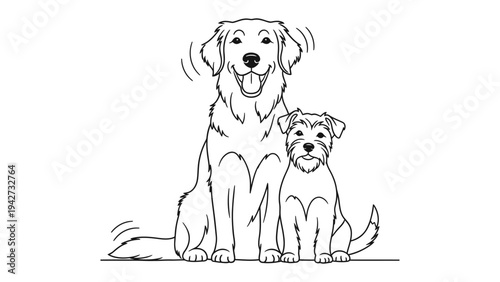 Loyal Companions: Two charming dogs, a large Golden Retriever and a smaller terrier, sit together in a heartwarming display of friendship and loyalty. Their bond radiates warmth and affection.