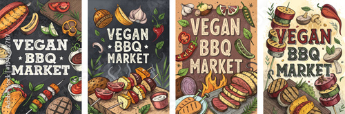 Colorful vegan BBQ market illustrations featuring various grilled vegetables and meats.