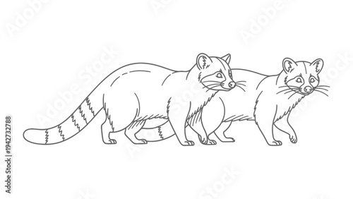 Racoon pair: Hand-drawn vector illustration of two racoons, showcasing their distinct bandit masks and ringed tails, perfect for educational materials or designs.