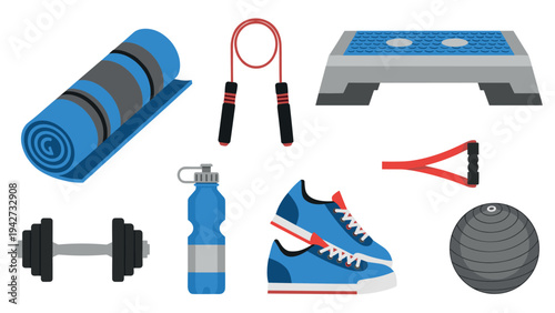 Fitness gear icons: dumbbells, sneakers, and more for home workouts
