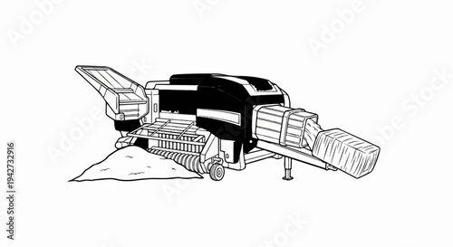Black and white line drawing of a baler processing crop into rectangular bales