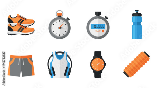 Running gear essentials icons set for fitness and training enthusiasts