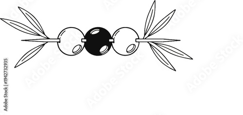 Black and white line art of three interconnected spheres with leaves