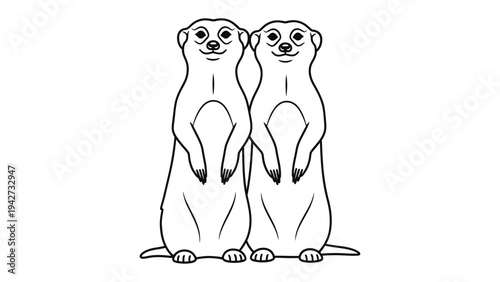 Alert Meerkats Standing Together: Two alert meerkats stand side-by-side, their watchful eyes and upright posture capturing the essence of vigilance and companionship.