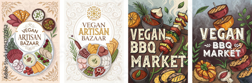 Colorful vegan market posters showcasing artisan foods and BBQ options.