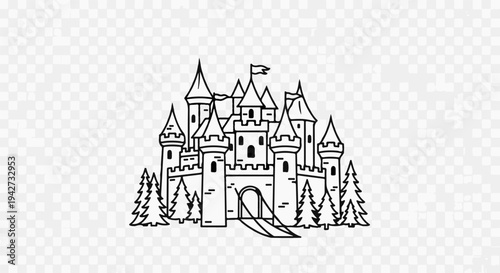 A whimsical black and white outline drawing of a fairytale castle with multiple towers