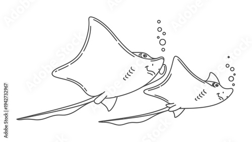 Majestic Underwater Duo: An artistic illustration captures the graceful ballet of two majestic stingrays as they navigate the depths, exhaling bubbles and bringing the marine world to life.