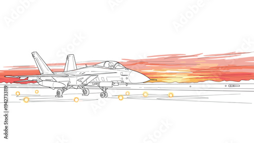 Fighter jet on runway with sunset background in linear style