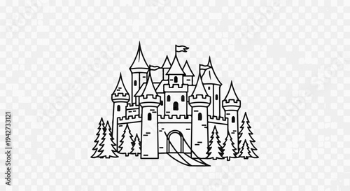 A whimsical line drawing of a fairytale castle with multiple turrets and flags