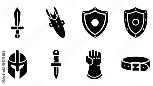 Medieval armor and weapon icons set in bold silhouette style