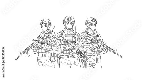 Line art of three armed soldiers in tactical gear with rifles