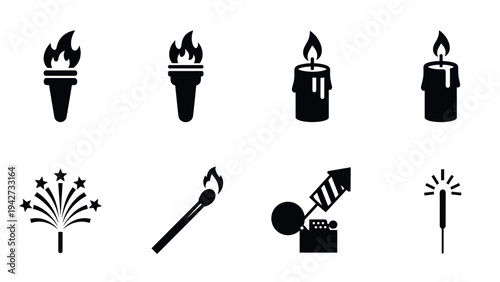 Minimalist torch and firework icons in black and white silhouette style