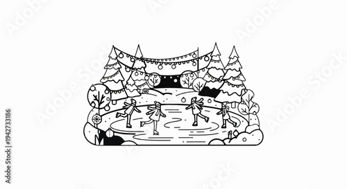 A whimsical winter scene depicts children ice skating under festive string lights