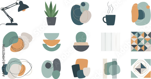Assorted abstract shapes, plants, a lamp, a coffee cup, and patterns