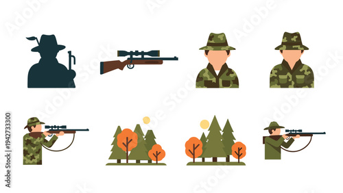Hunting icons: camouflage, rifle, and nature in a flat illustration style
