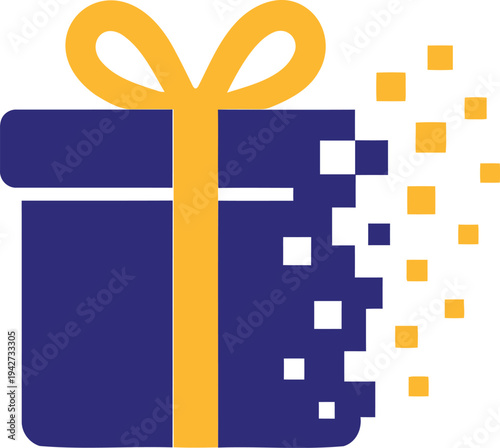 Purple and yellow digital gift box icon with pixelated effect, representing virtual rewards, online shopping bonuses, and tech-themed gift giving concepts.