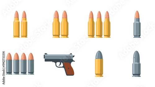 Flat design bullet and pistol icon set featuring various ammunition types