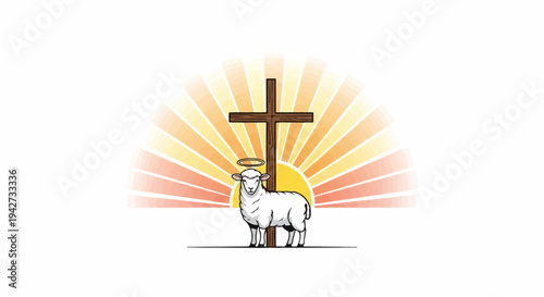 A white sheep with a halo stands before a wooden cross and sunburst