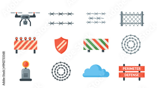Security elements collection: drones, barbed wire, barricades, and defense symbols in flat design