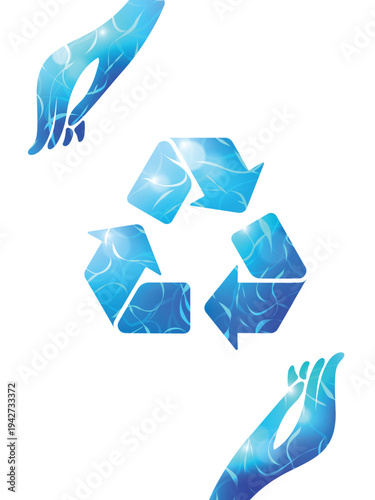 Two hands hold the recycling symbol vertical that are fill by the water surface pattern to show the meaning of save and protect water vector illustration graphic EPS 10

