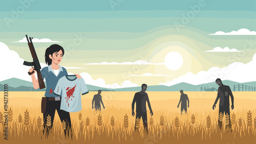 Survivor holding clue in zombie apocalypse field at sunrise