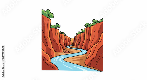 A winding river flows through a deep, colorful canyon with trees
