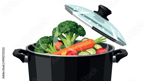 Low poly style pot with fresh vegetables cooking