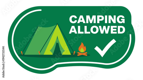 Green sticker icon for camping allowed with a tent and campfire