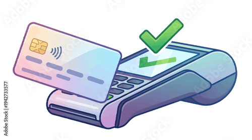 Contactless credit card payment with a terminal and checkmark