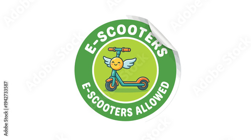 Green sticker sign showing e-scooters are allowed with a cute scooter icon