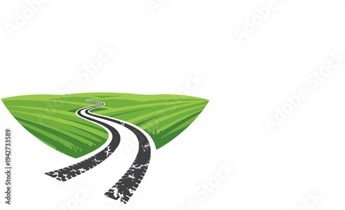 A winding road curves through green rolling hills with tire tracks
