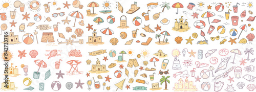 Colorful hand-drawn beach elements including sandcastles, seashells, and umbrellas. Perfect for summer themes.