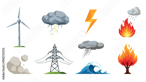 Renewable energy and natural phenomena: wind turbines, lightning, and fire elements