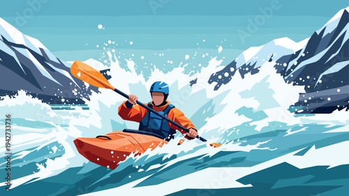 Kayaker bravely navigating wild river rapids amid majestic snow-capped mountains