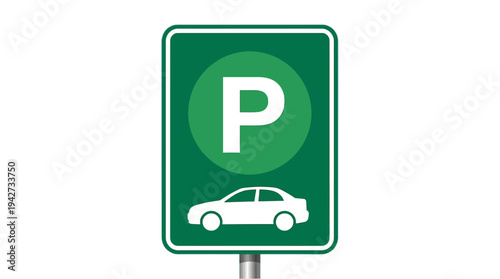 Green road sign showing parking is allowed with a white car
