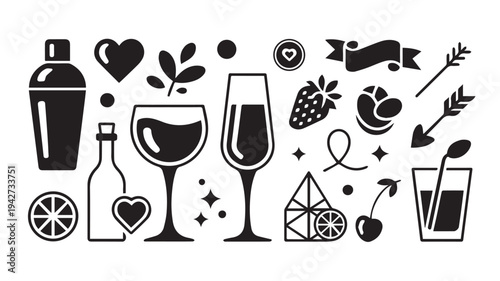 Doodle icons for cocktails, drinks, and celebrations: shaker, wine glasses, champagne, strawberries, cherries, and bartending elements