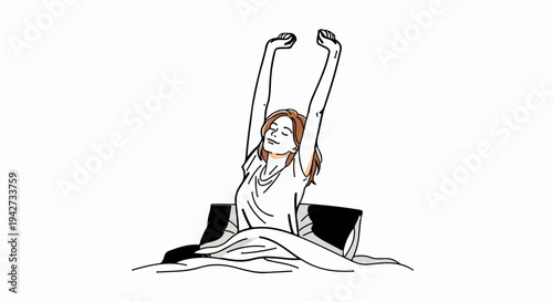 A woman wakes up stretching her arms up in bed