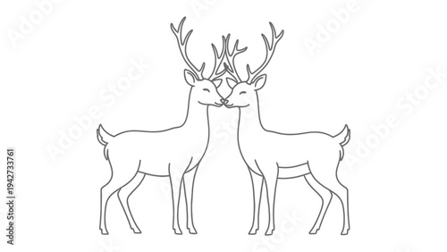 Deer Kissing in Monochrome: Two majestic deer share an intimate moment, their antlers intertwined as they touch noses, symbolizing love and connection in a timeless monochromatic depiction.